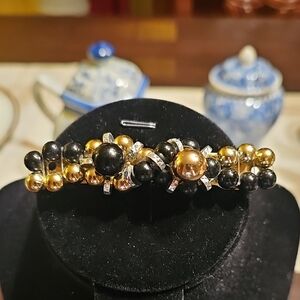 Elegant Black and Gold Beaded Hair Clip Barrette Prom Cocktail Formal Vintage